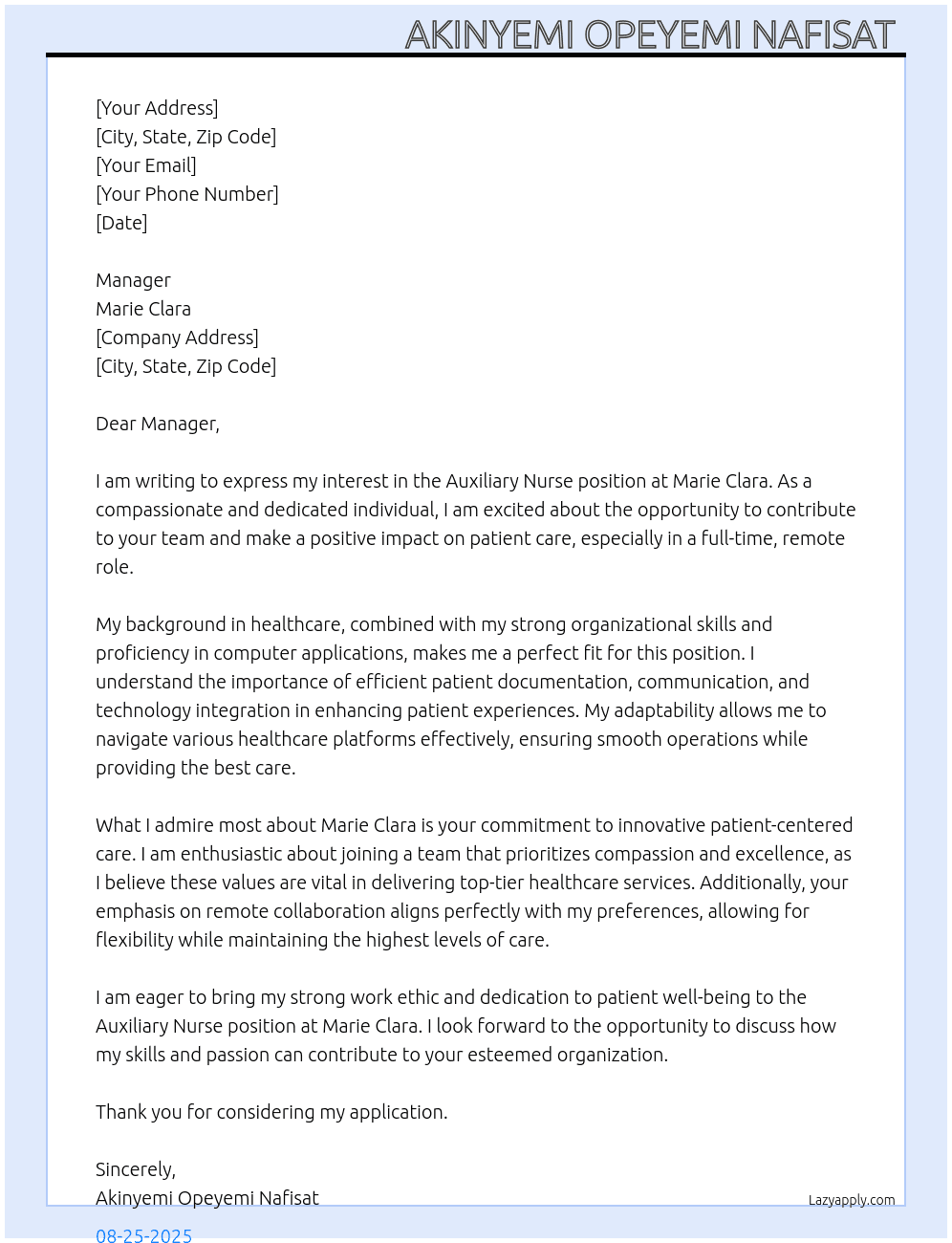 Auxiliary nurse At Marie clara Cover Letter