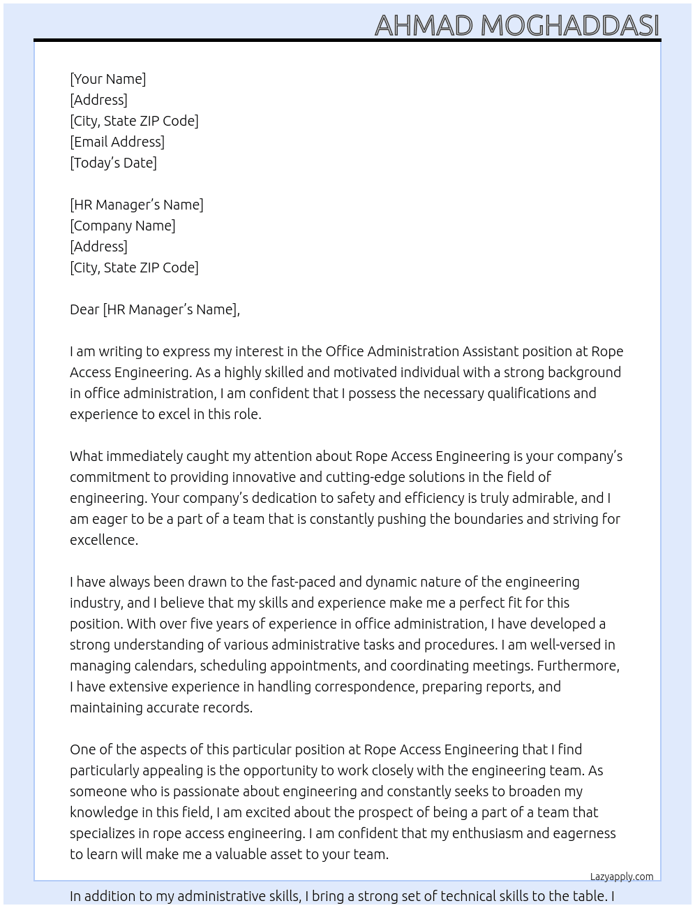 Office Administration Assistant At Rope Access Engineering Cover Letter