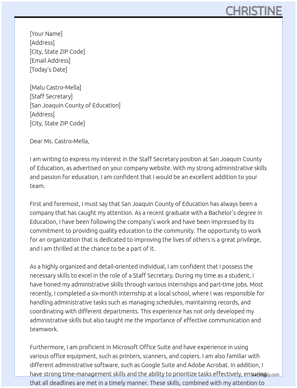 Staff Secretary At San Joaquin County of Education Cover Letter