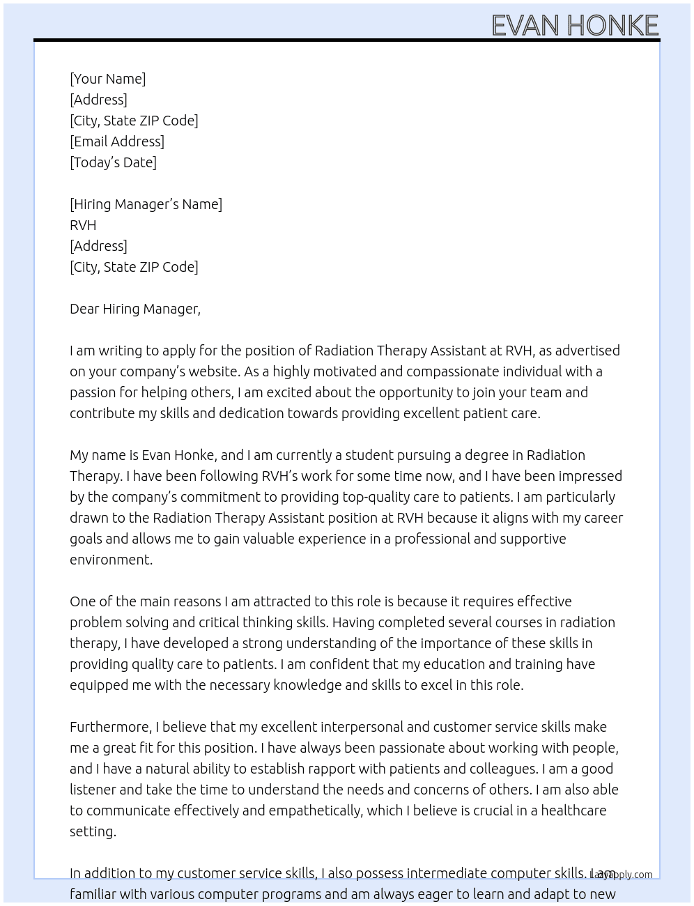 Radiation Therapy Assistant At RVH Cover Letter