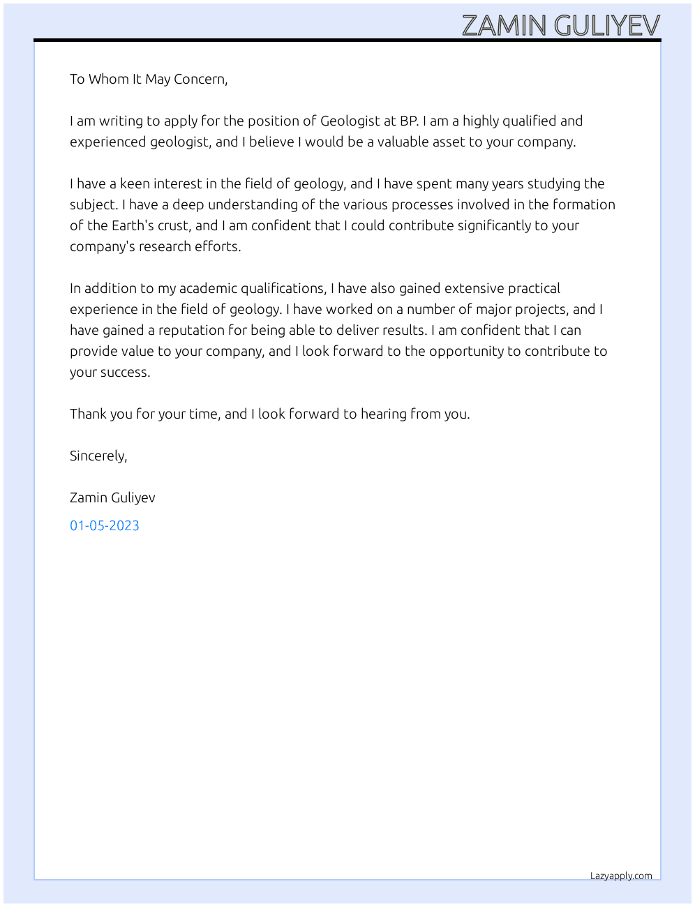 Cover letter for geolog - LazyApply
