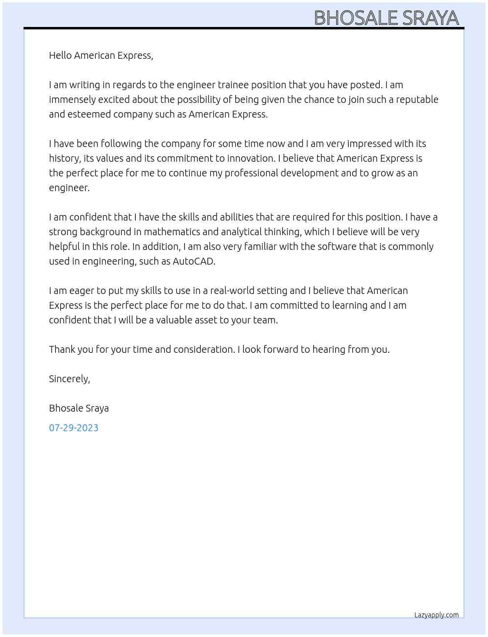 Engineer Trainee  At American Express  Cover Letter