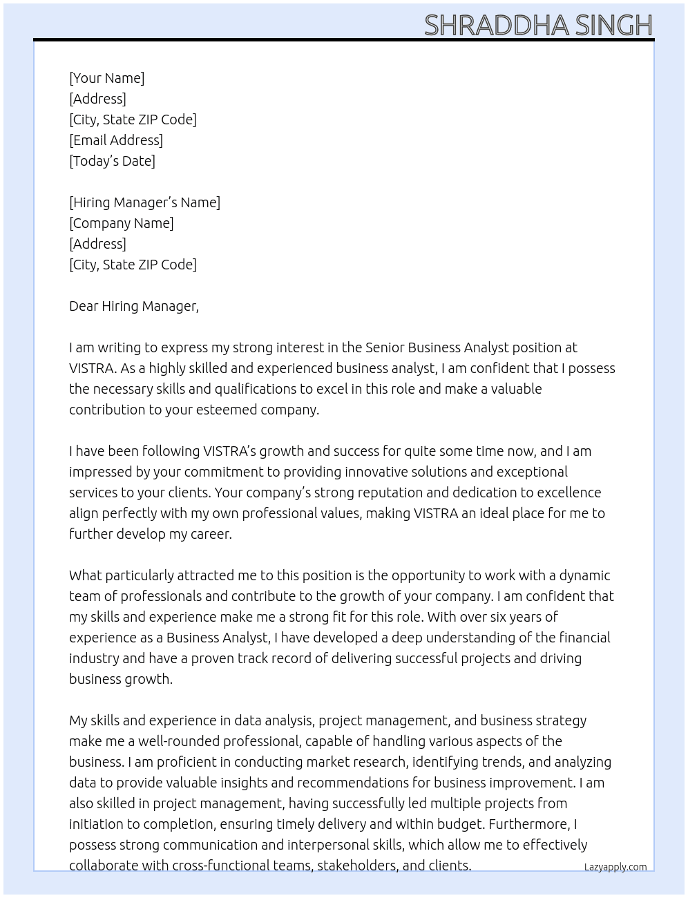 SENIOR BUSINESS ANALYST At VISTRA Cover Letter