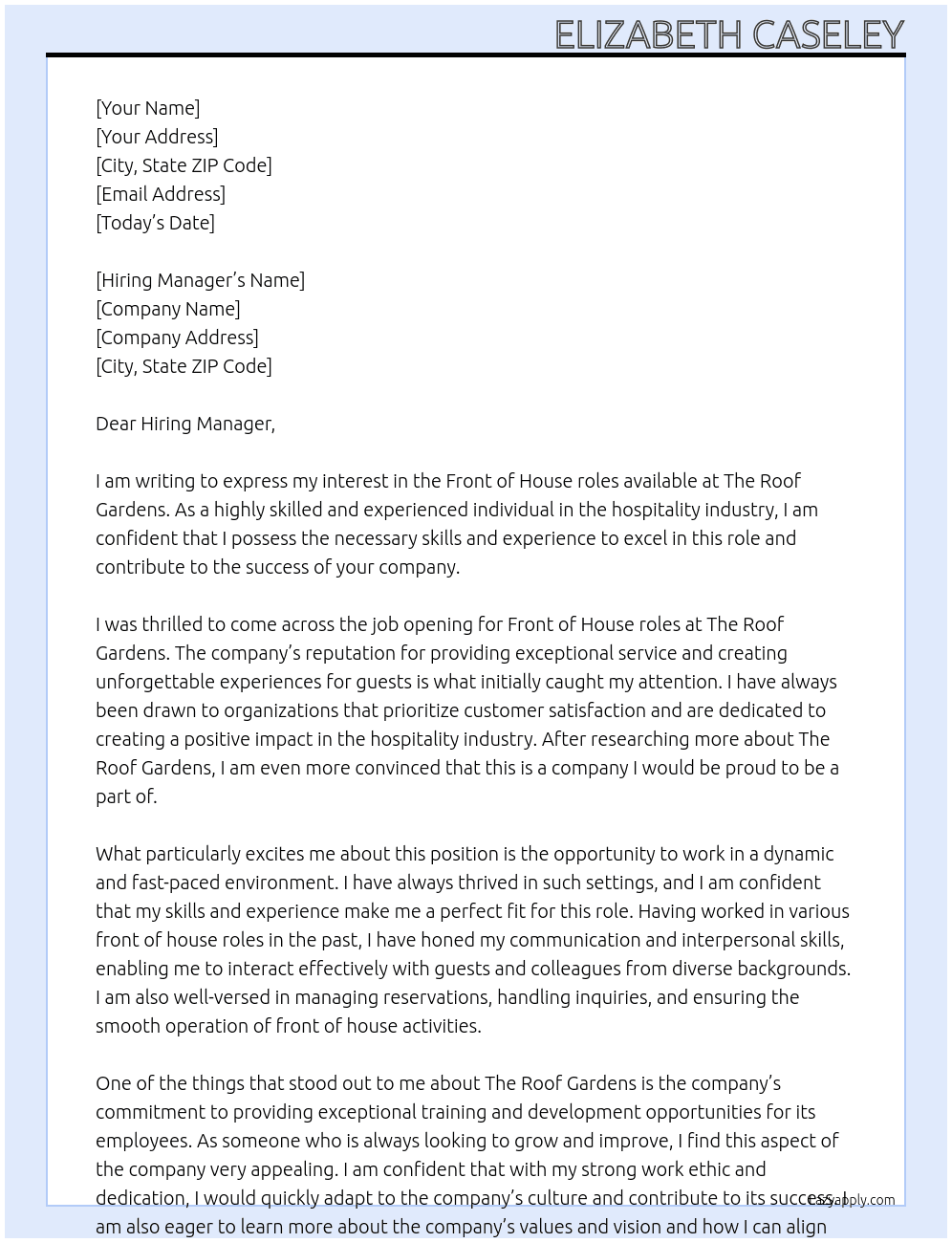 Front of house roles At The Roof Gardens Cover Letter