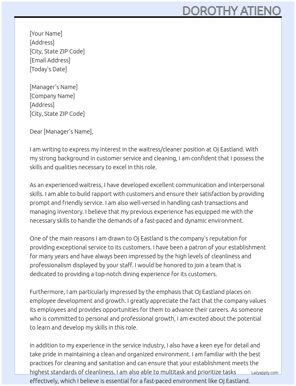 waitress/cleaner At Oj Eastland Cover Letter