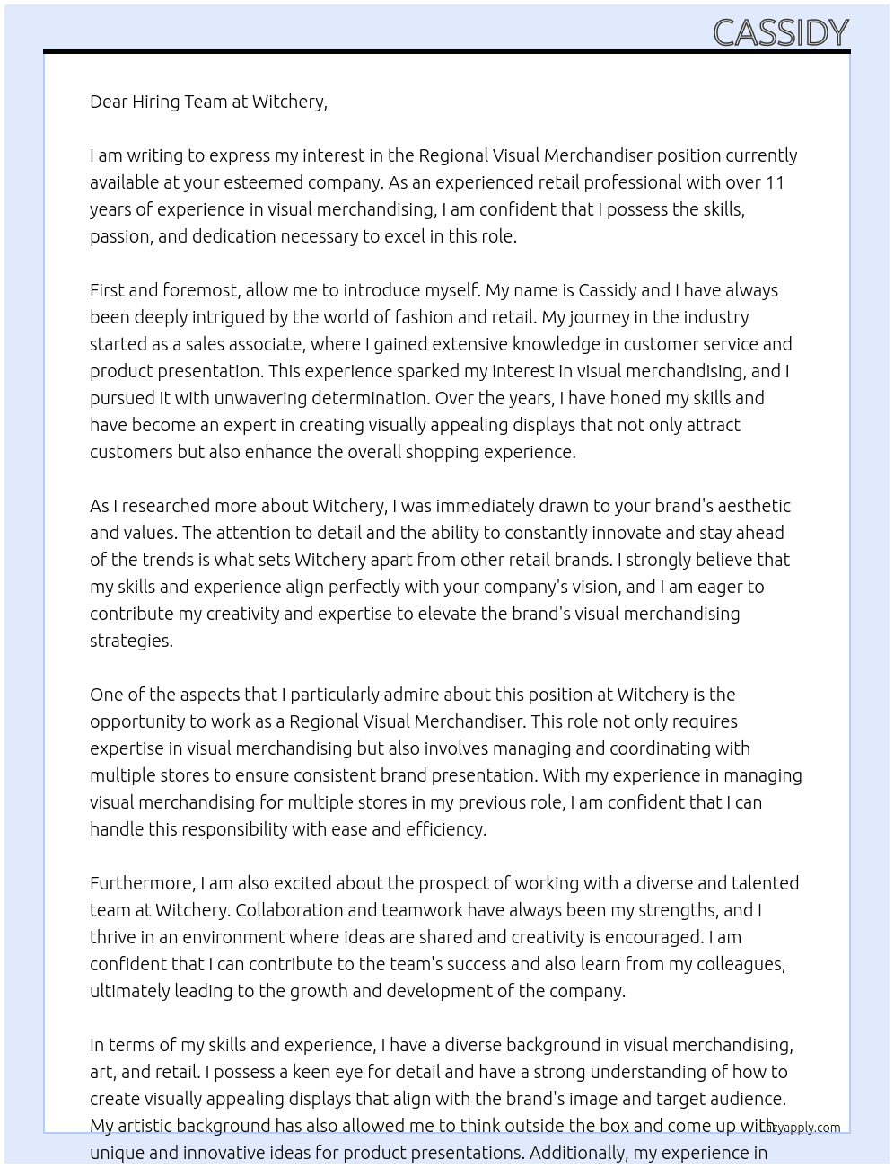 Regional  Visual Merchandiser  At Witchery Cover Letter