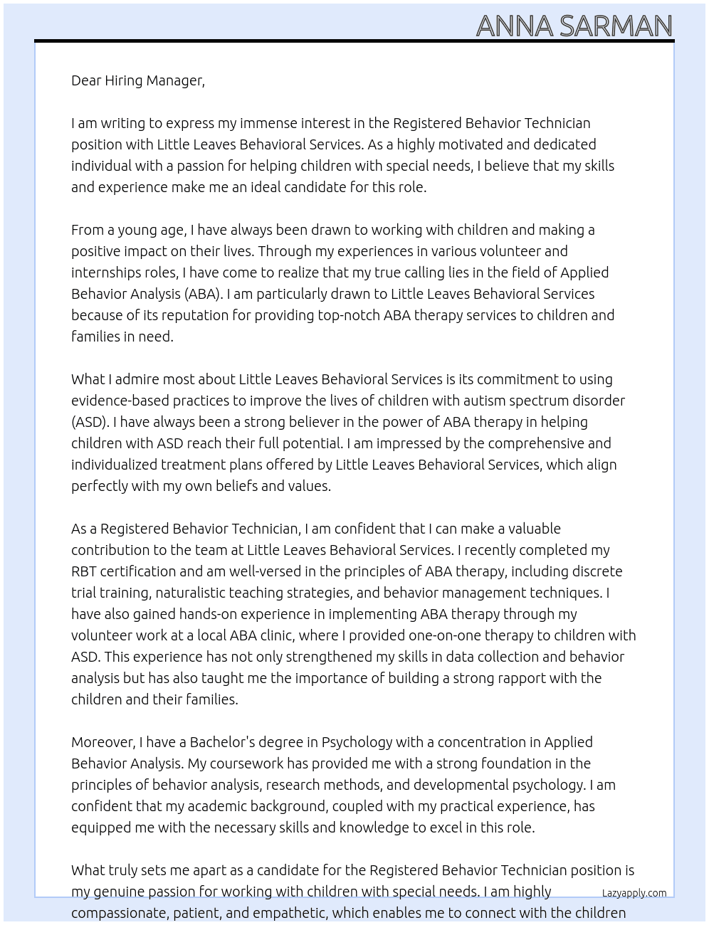 Registered Behavior Technician At Little Leaves Behavioral Services  Cover Letter
