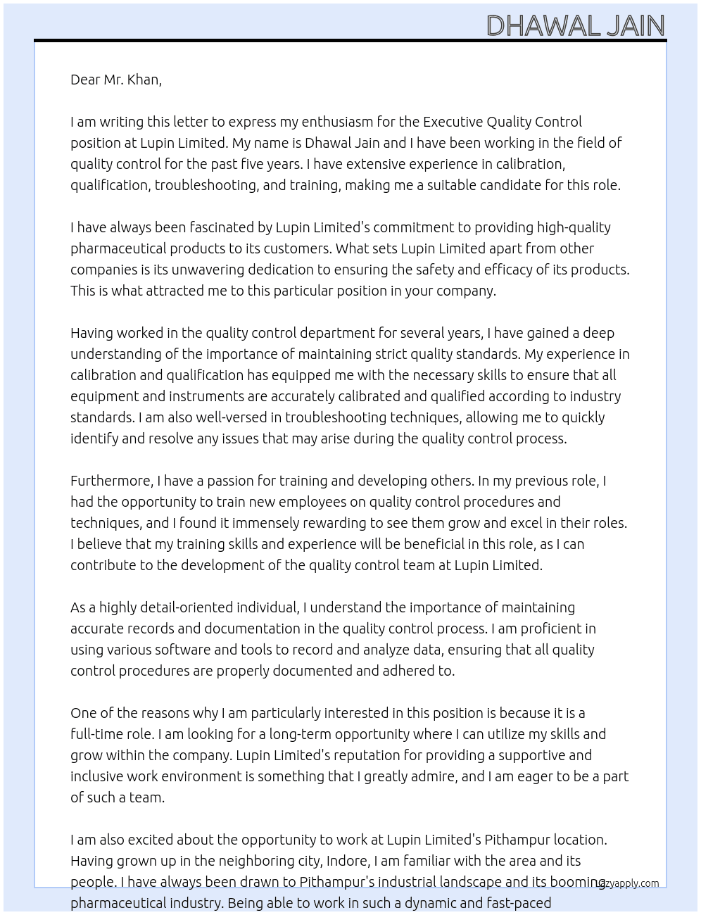 Executive Quality control At Lupin limited Cover Letter