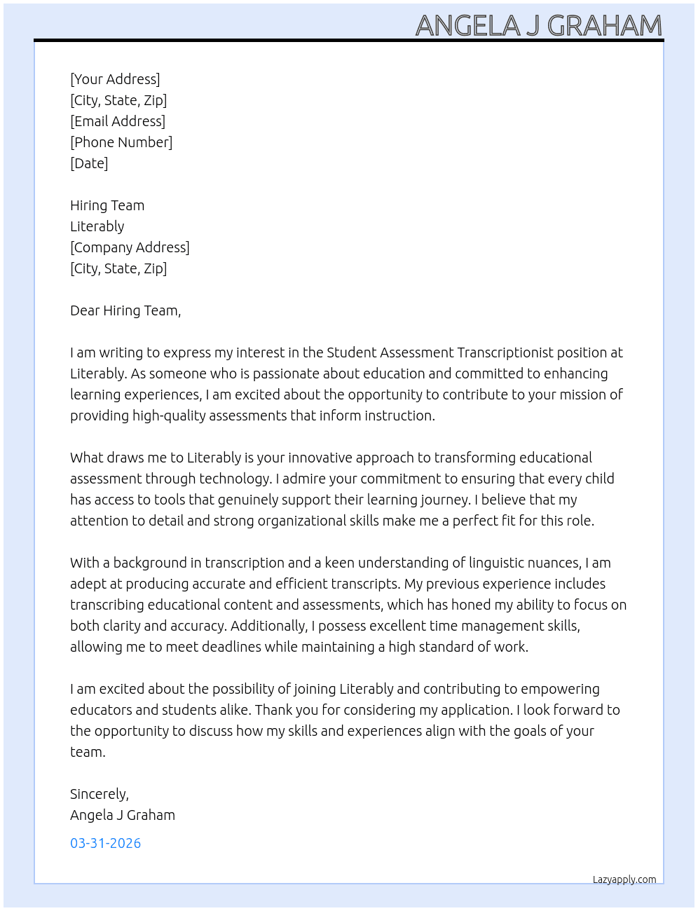 Student Assessment Transcriptionist At Literably Cover Letter
