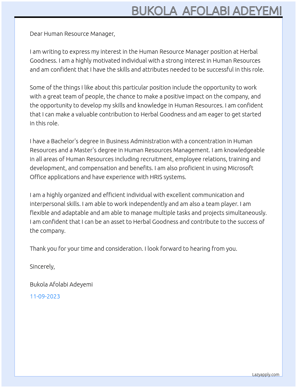 Human resource manager At Herbal Goodness Cover Letter