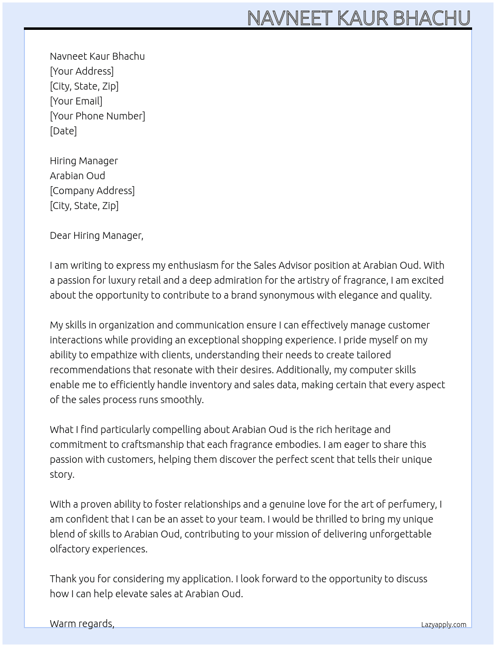 Sales Advisor At Arabian Oud Cover Letter
