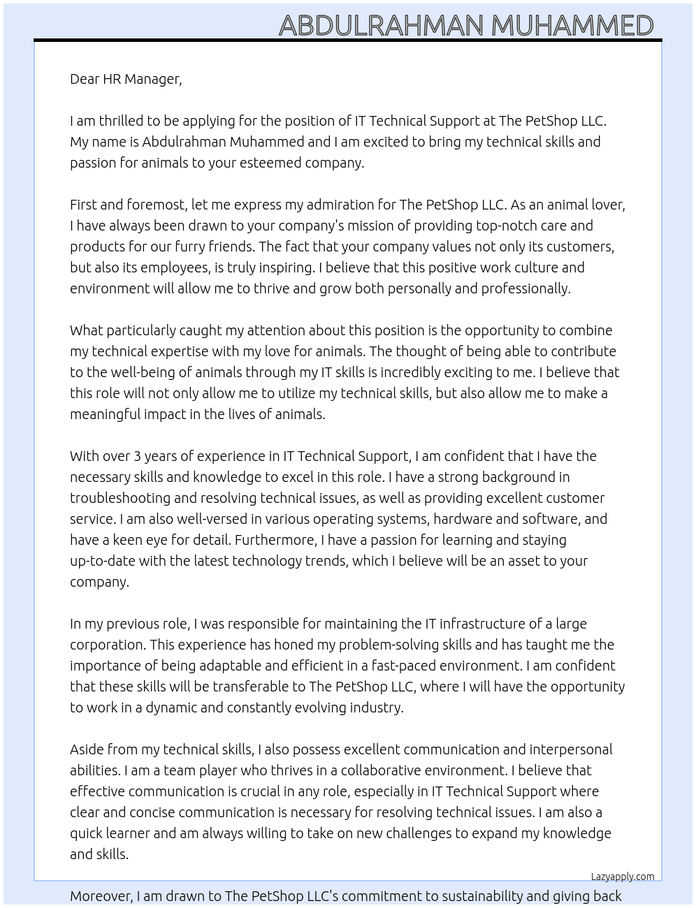 IT Technical Support At The PetShop LLC Cover Letter