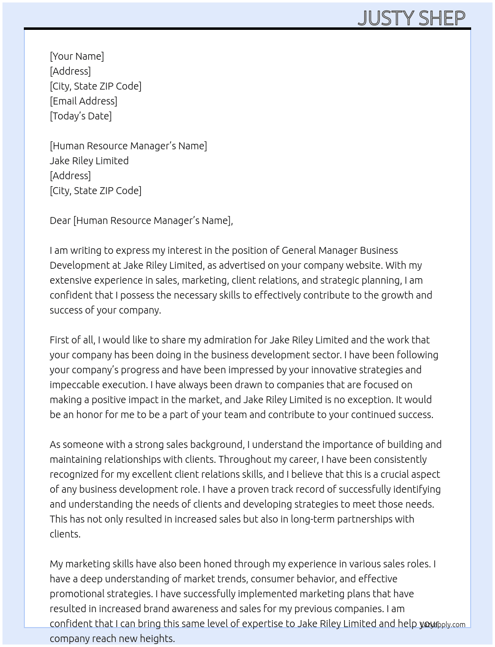 General ManagerBusiness Development At Jake Riley Limited Cover Letter
