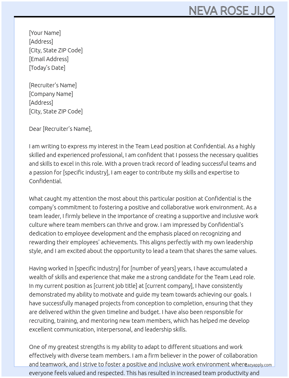 Team Lead At Confidential  Cover Letter