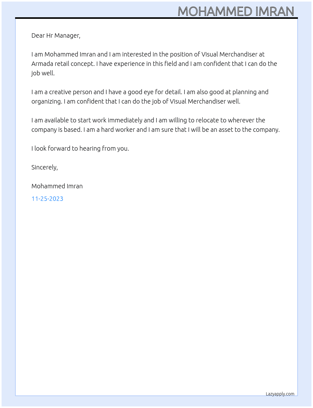 Visual merchandiser  At Armada retail concept  Cover Letter