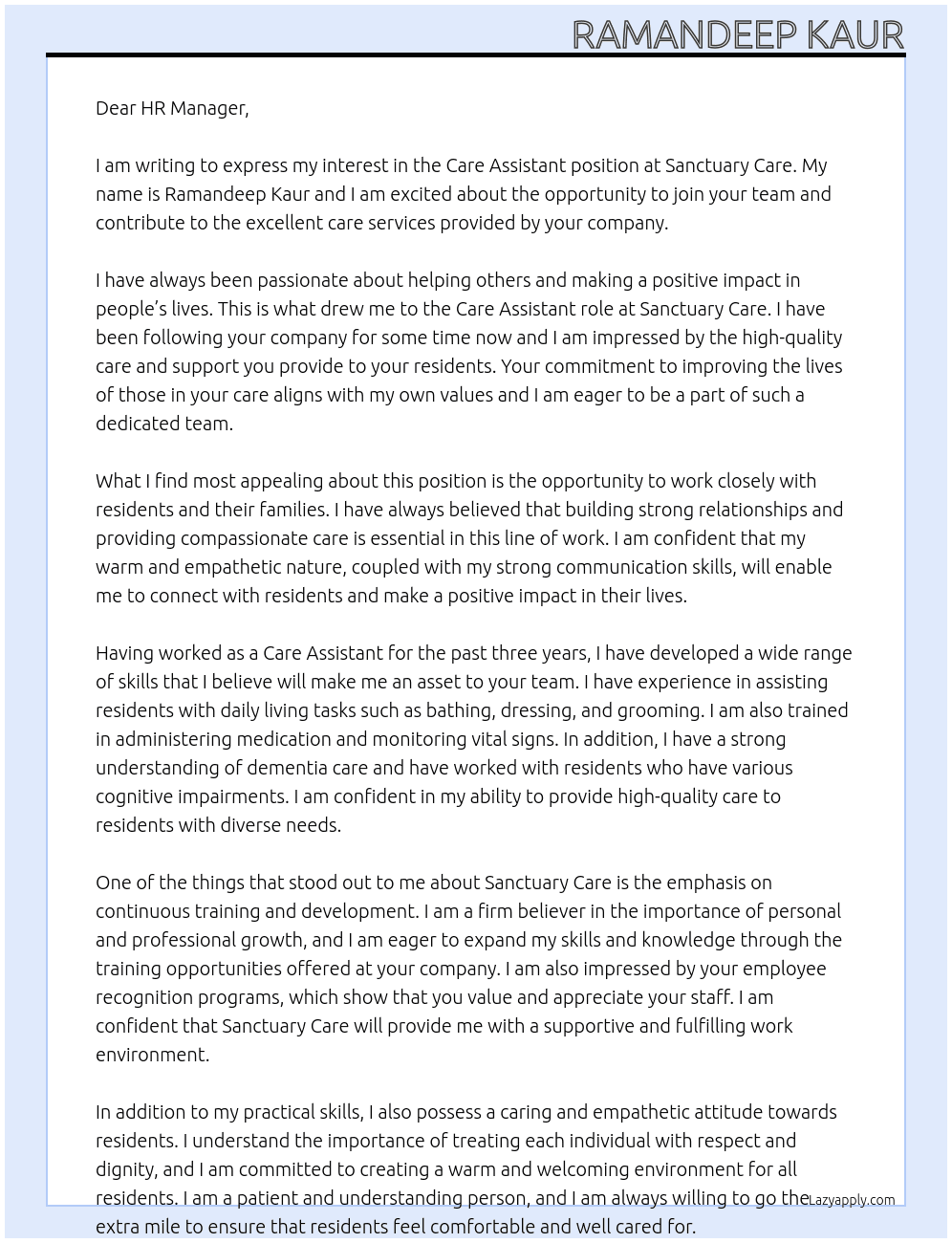 care assistant At Sanctuary care Cover Letter