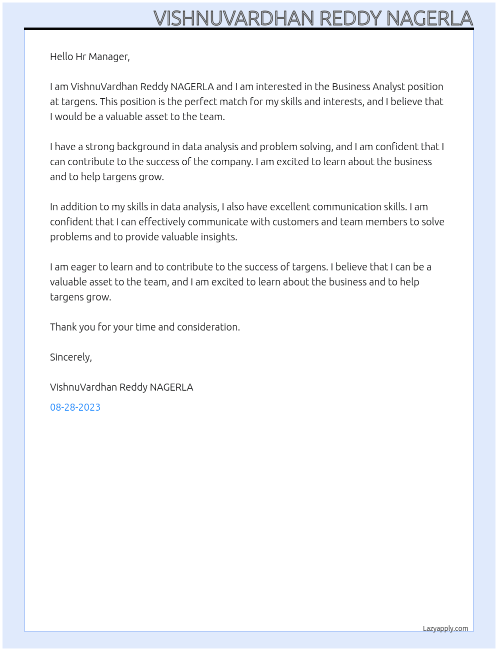 Business Analyst At targens Cover Letter