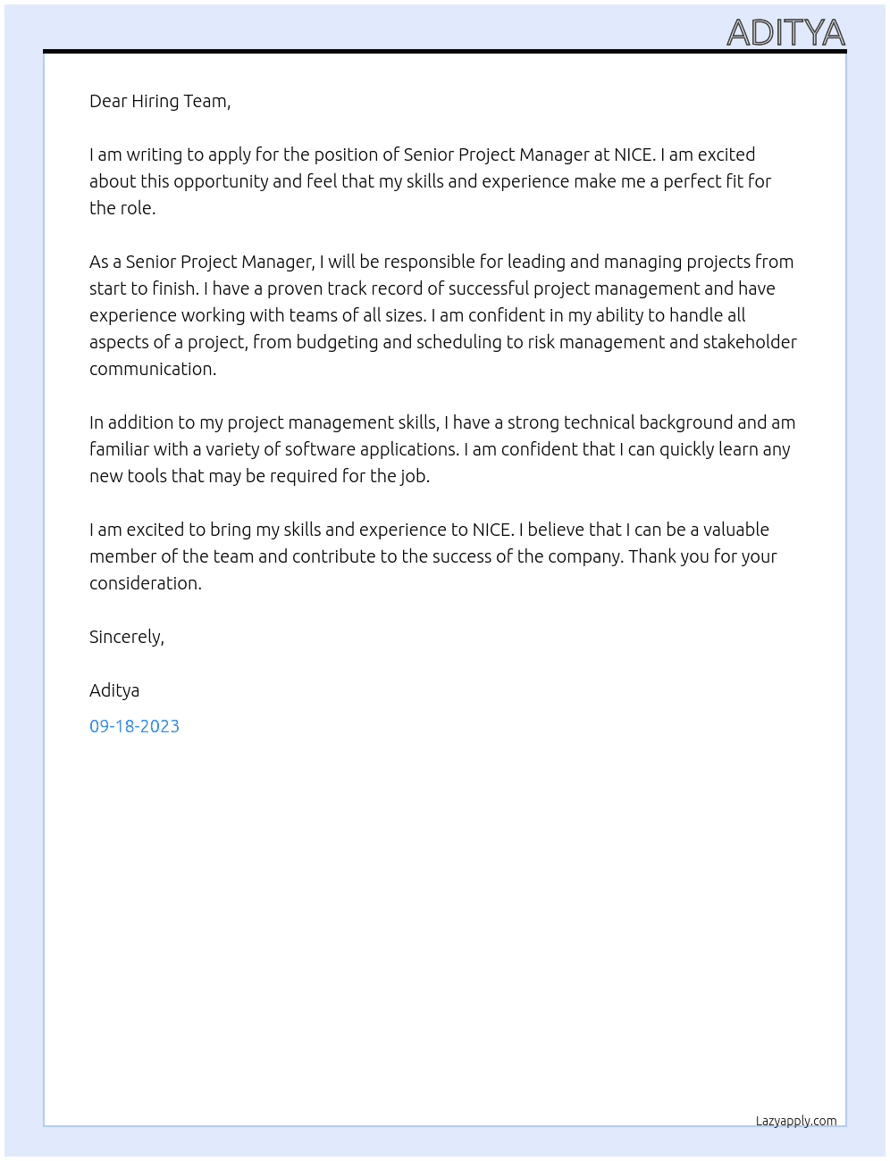 senior project manager At NICE Cover Letter