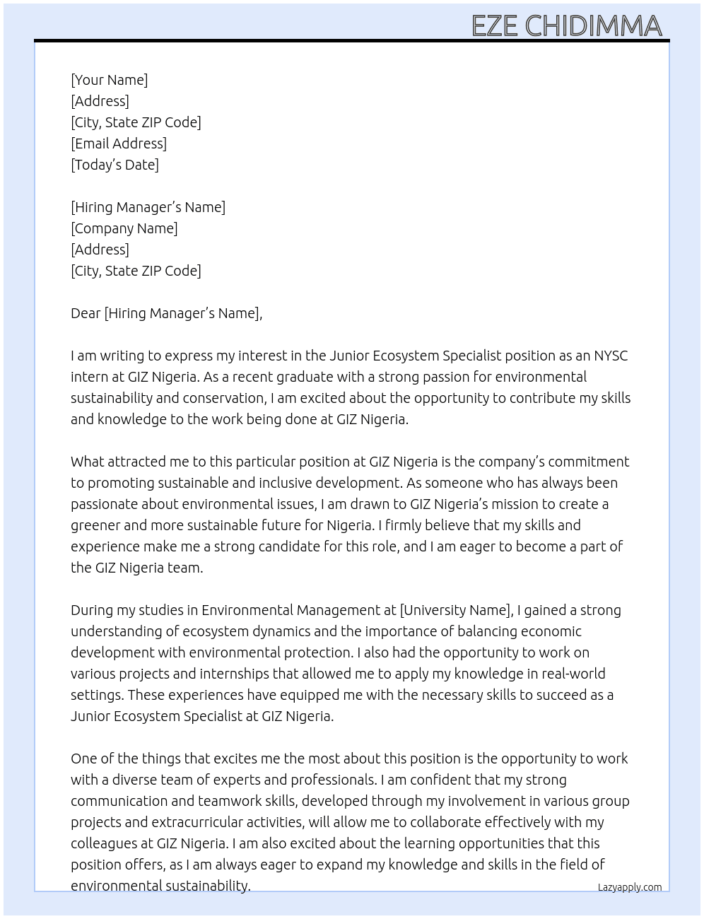  Junior Ecosystem specialist as an NYSC intern  At GIZ Nigeria  Cover Letter