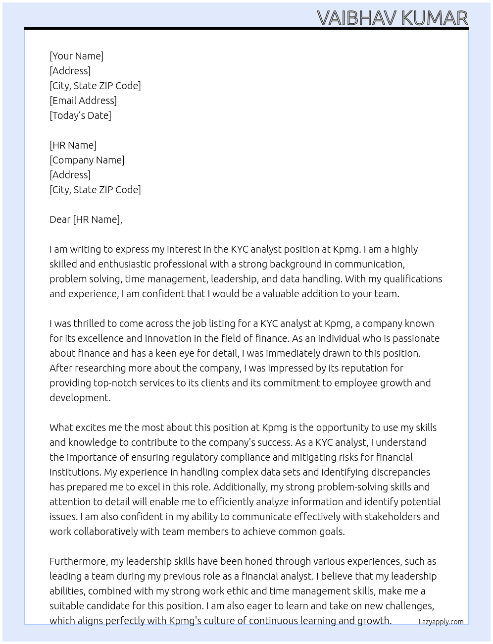 KYC analyst  At Kpmg  Cover Letter