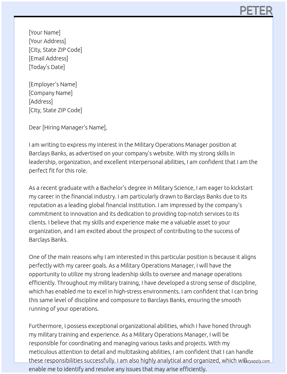 Military operations manager  At Barclays Banks  Cover Letter