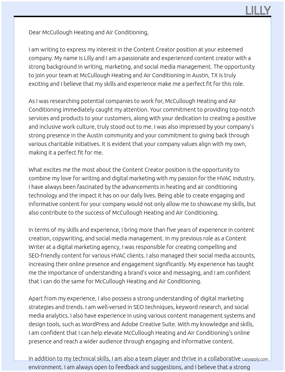 Content Creator  At McCullough Heating and Air Conditioning in Austin, TX Cover Letter