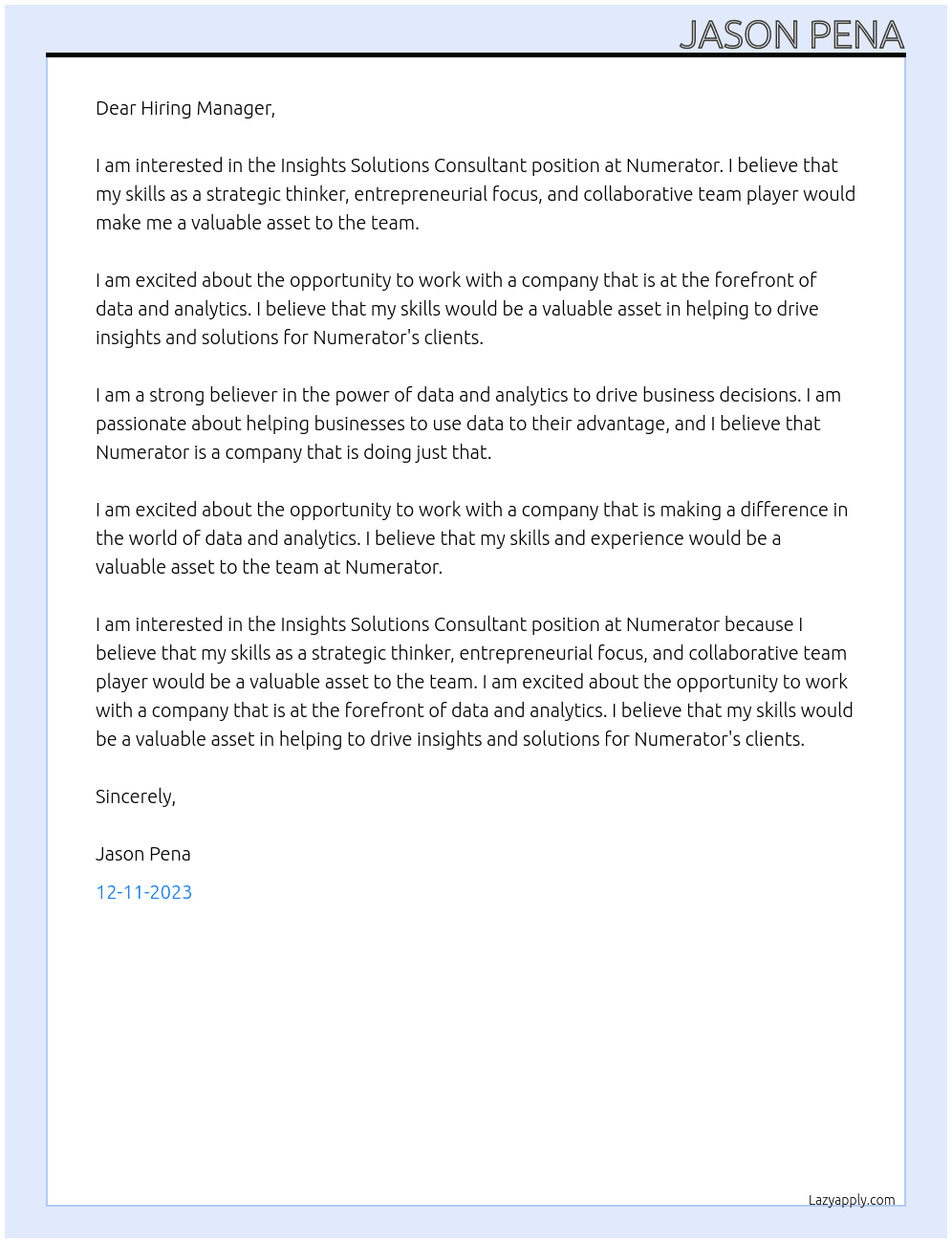 Insights Solutions Consultant At Numerator Cover Letter