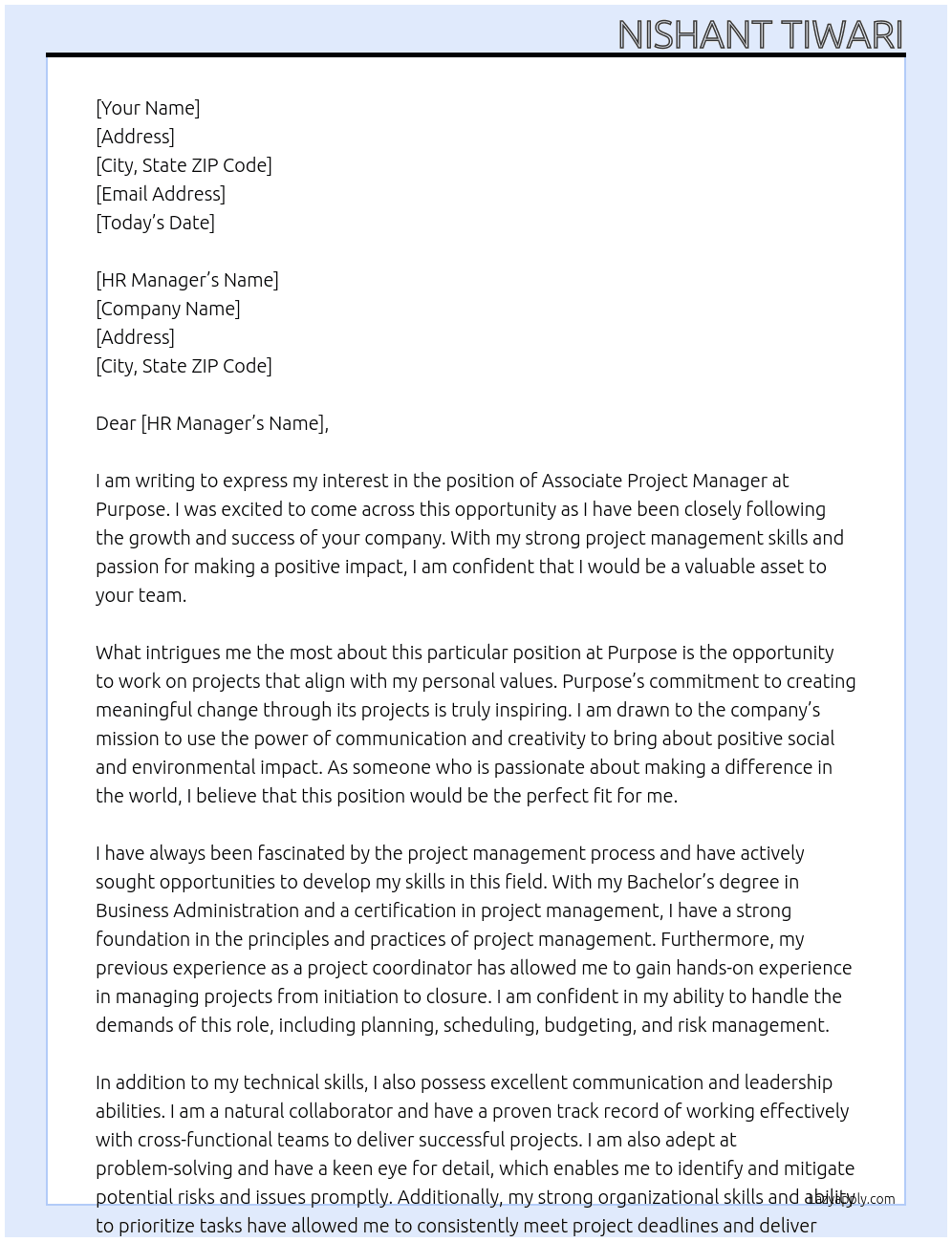 Associate project manager At Purpose Cover Letter