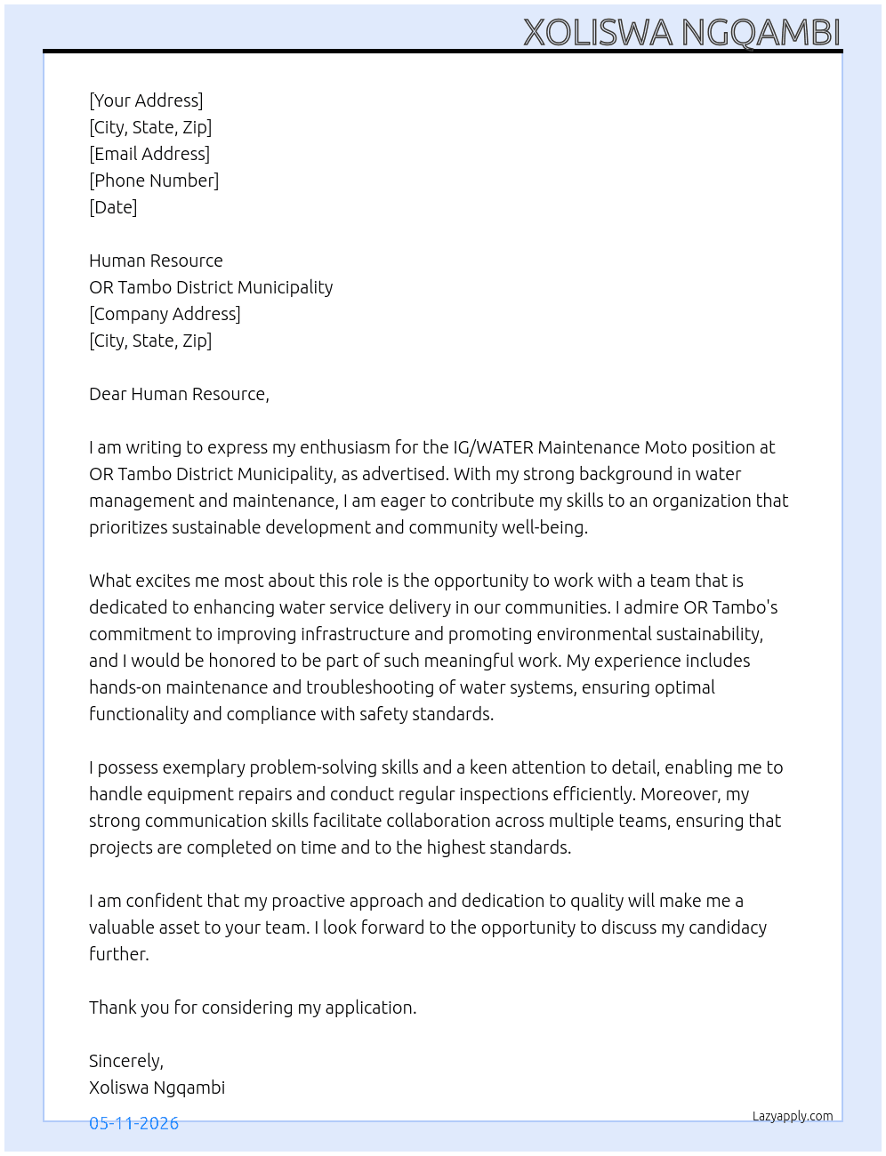 IG/WATER maintenance moto At OR Tambo district municipality  Cover Letter