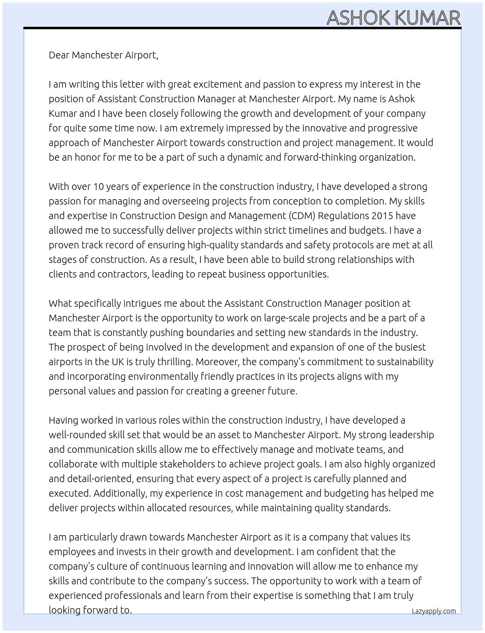 Assistant Construction Manager At Manchester Airport Cover Letter