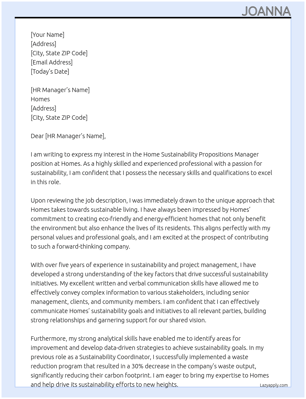 Home Sustainability Propositions Manager At Homes  Cover Letter