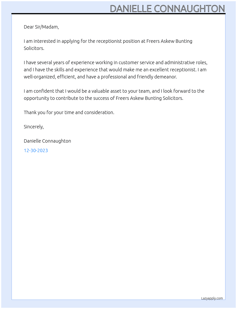 Receptionist At Freers Askew Bunting Solicitors  Cover Letter