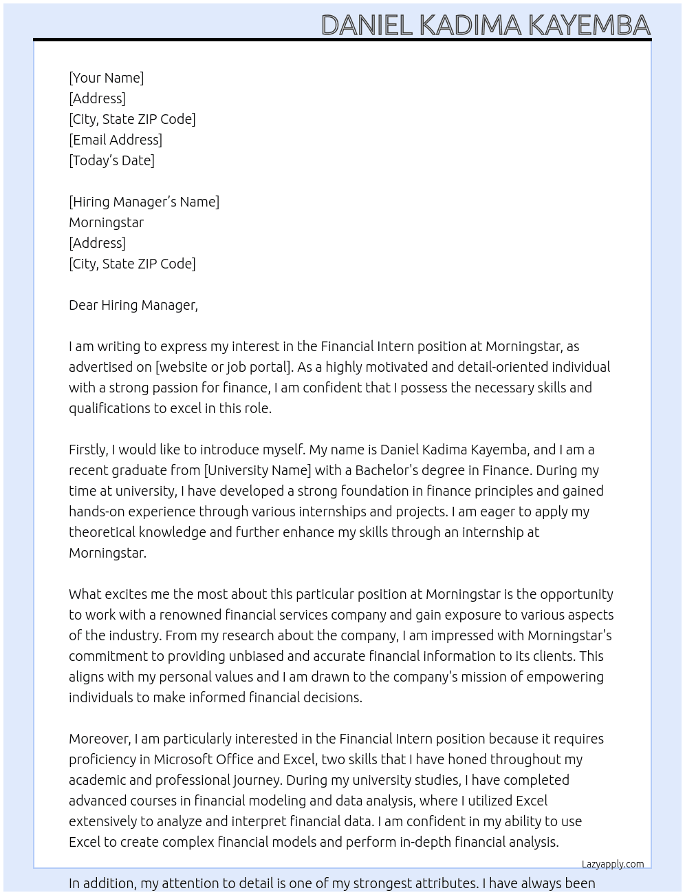 Financial Intern At Morningstar Cover Letter