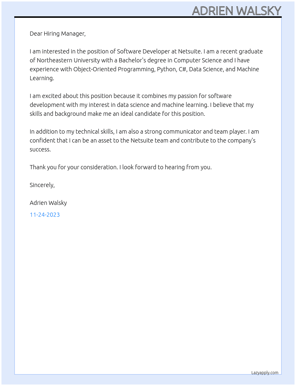 Software Developer At Netsuite Cover Letter