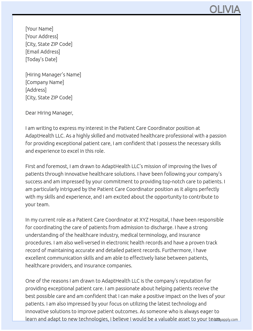 Patient Care Coordinator At AdaptHealth LLC Cover Letter