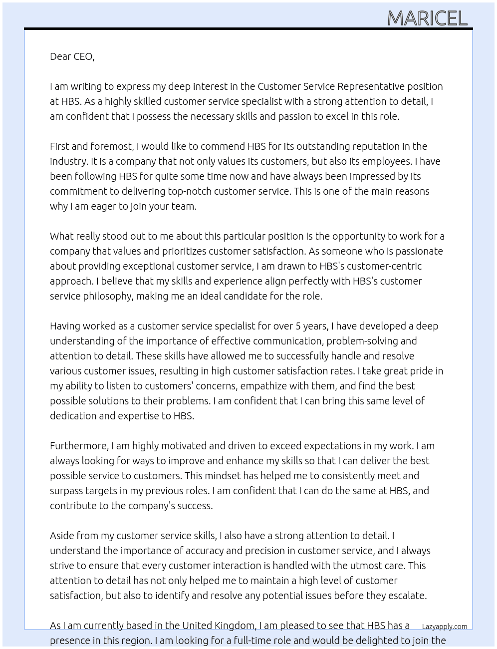 Customer Service Representative At HBS Cover Letter