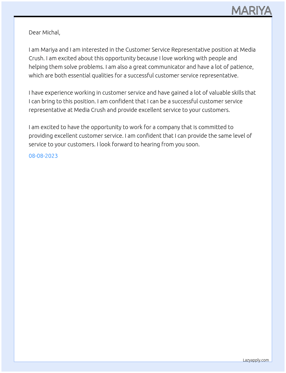 Customer Service Representative At Media Crush Cover Letter