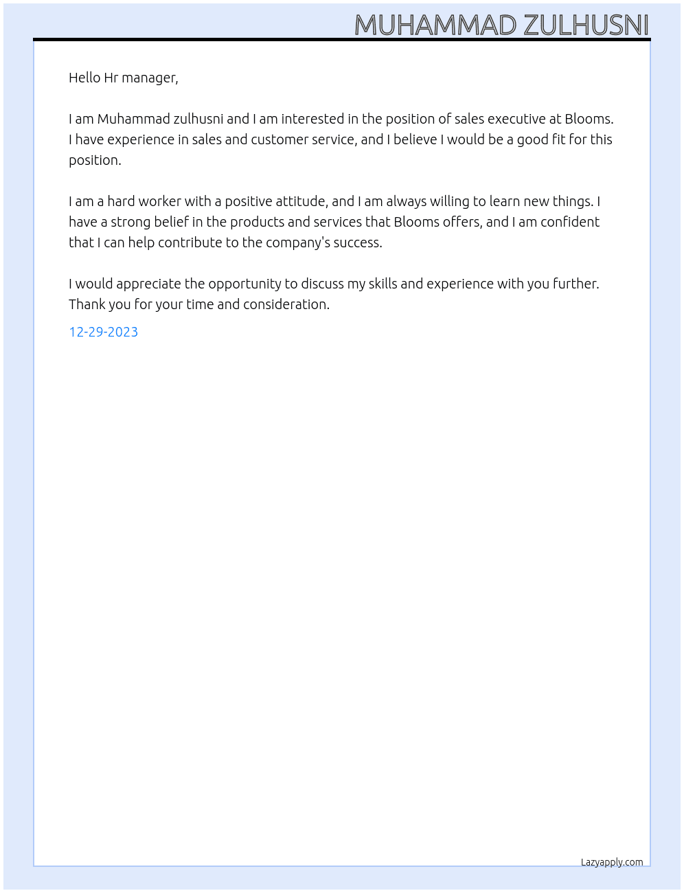 Sales executive At Blooms Cover Letter