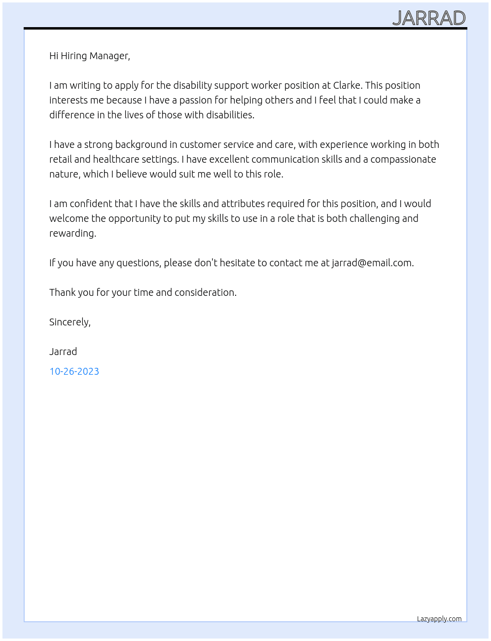 Disability support worker At Clarke Cover Letter
