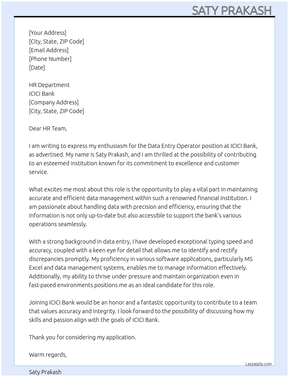 Data entry operator  At ICICI Bank  Cover Letter