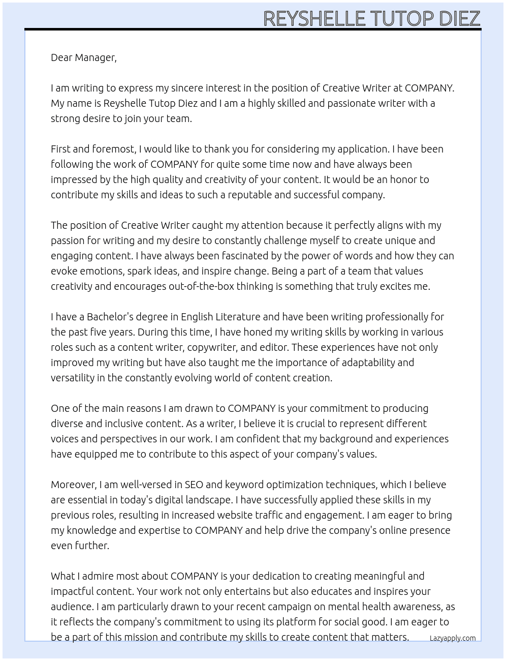 CREATIVE WRITER At COMPANY Cover Letter