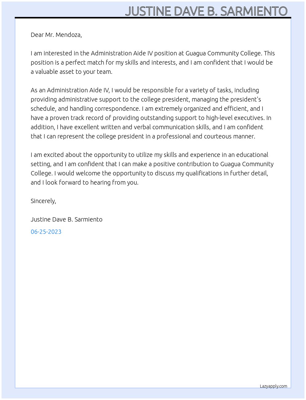 Administration Aide IV position  At Guagua Community College  Cover Letter
