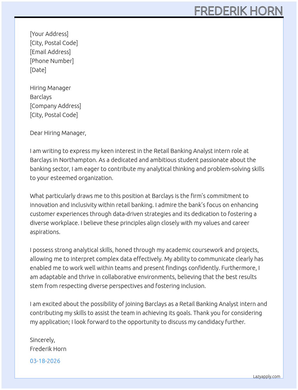Retail Banking Analyst At Barclays Cover Letter
