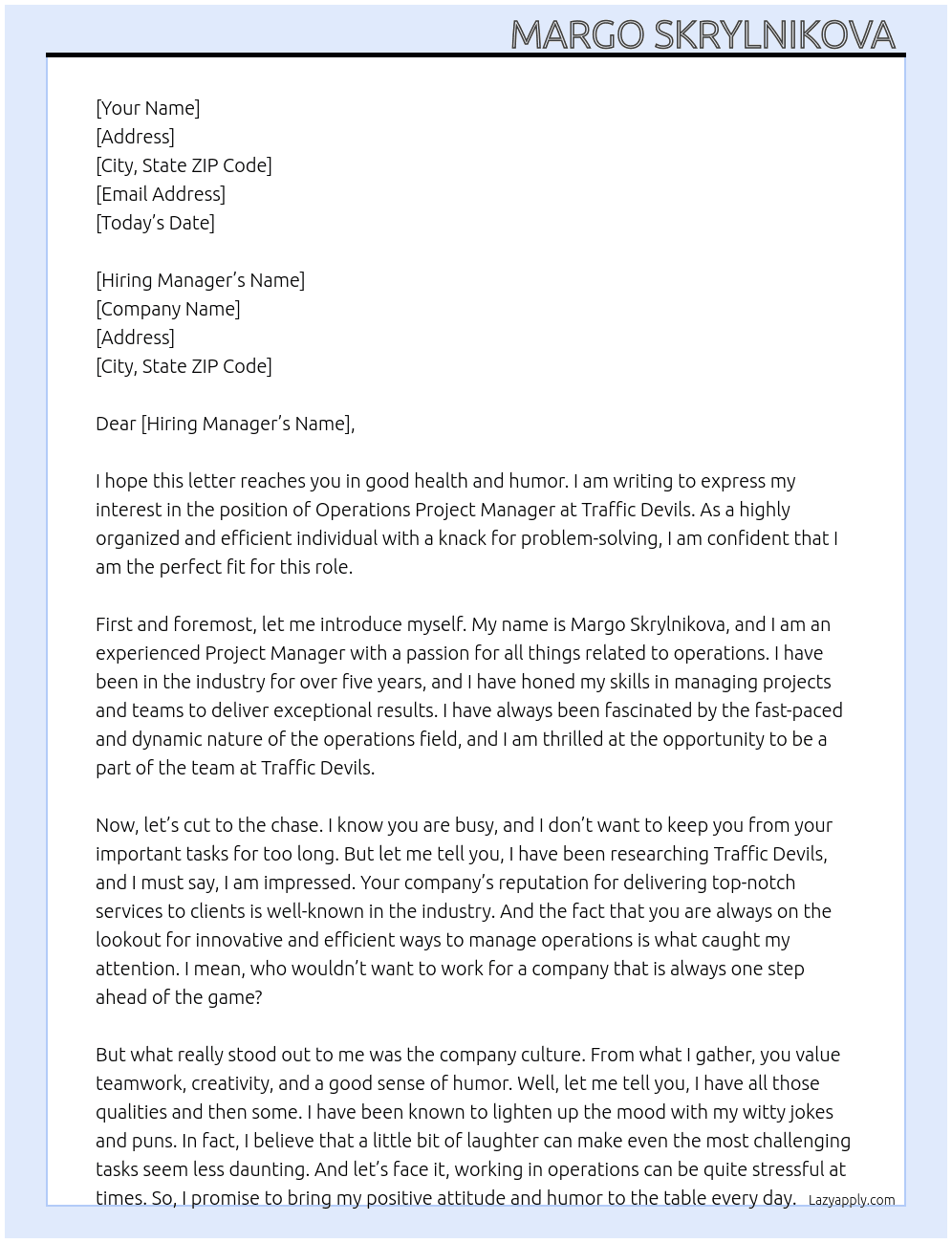 Operations Project Manager  At Traffic Devils  Cover Letter
