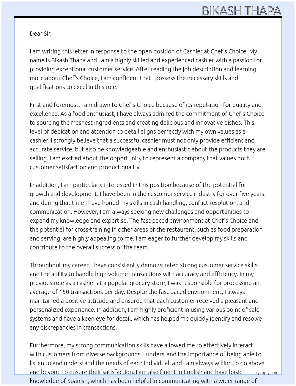 Cashier At Chef's Choice Cover Letter