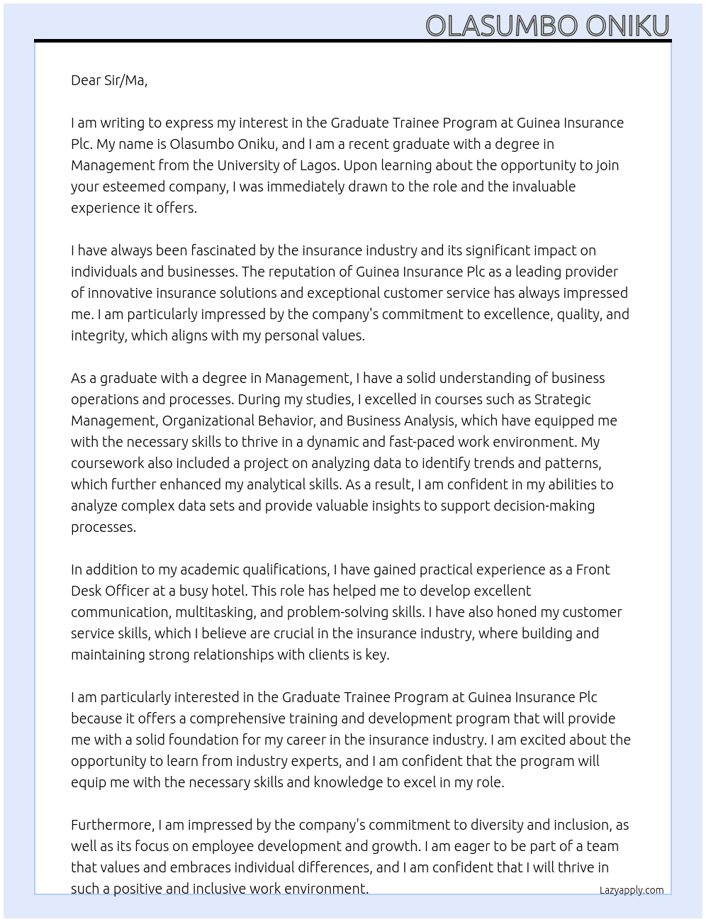 graduate trainee program At guinea insurance plc Cover Letter