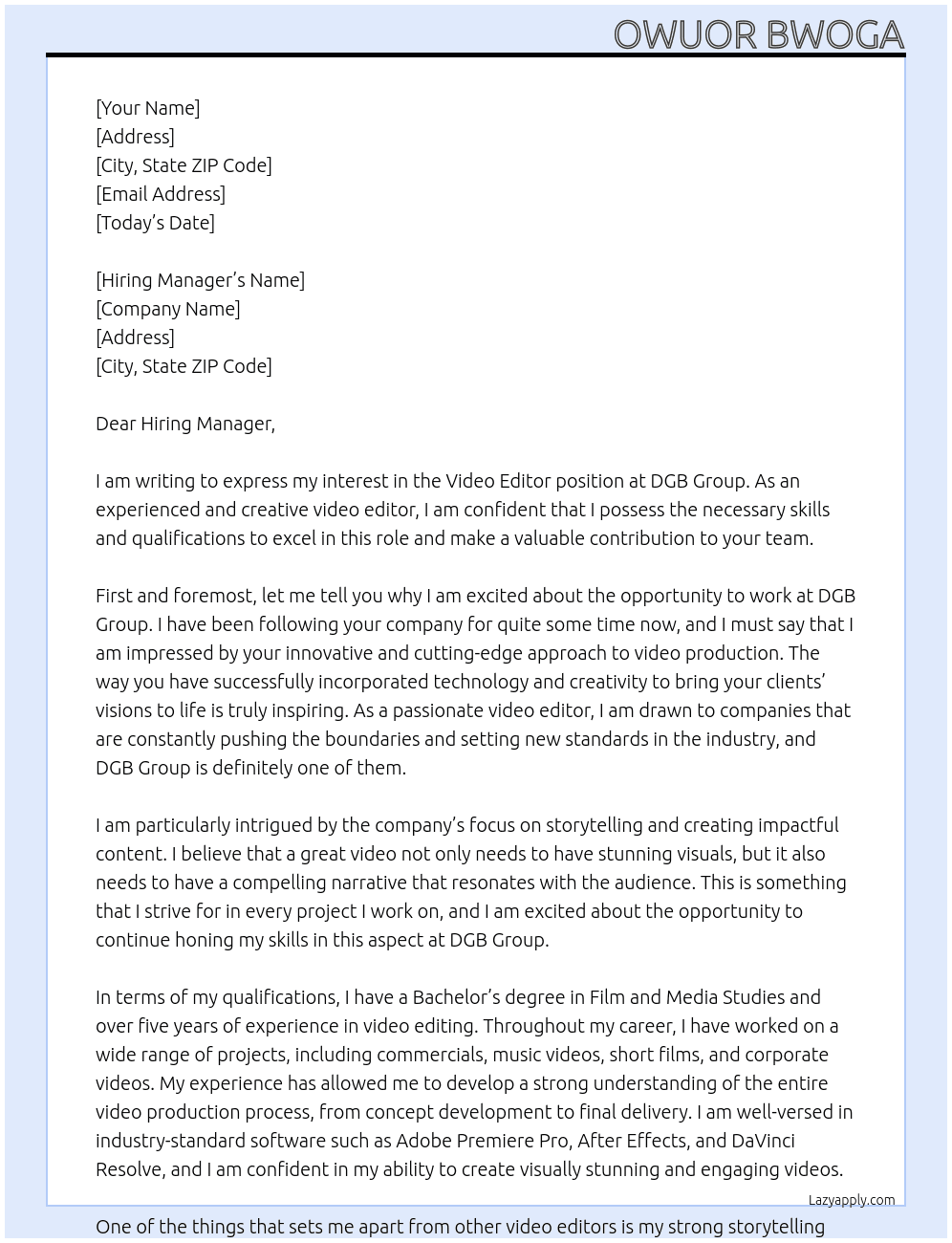 video editor At DGB Group Cover Letter