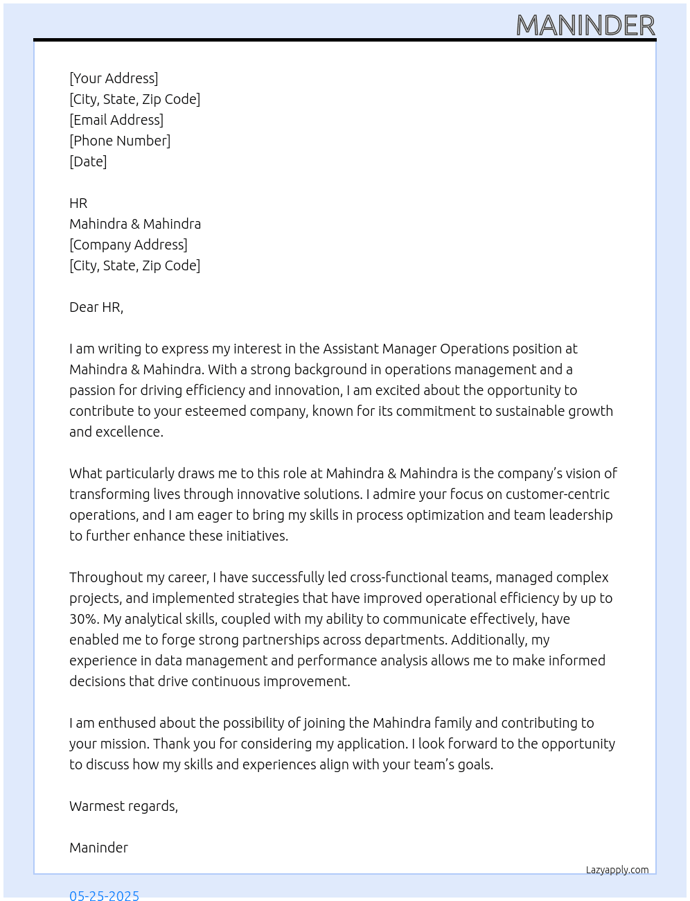 Assistana Manager Operation At Mahindra & Mahindra Cover Letter