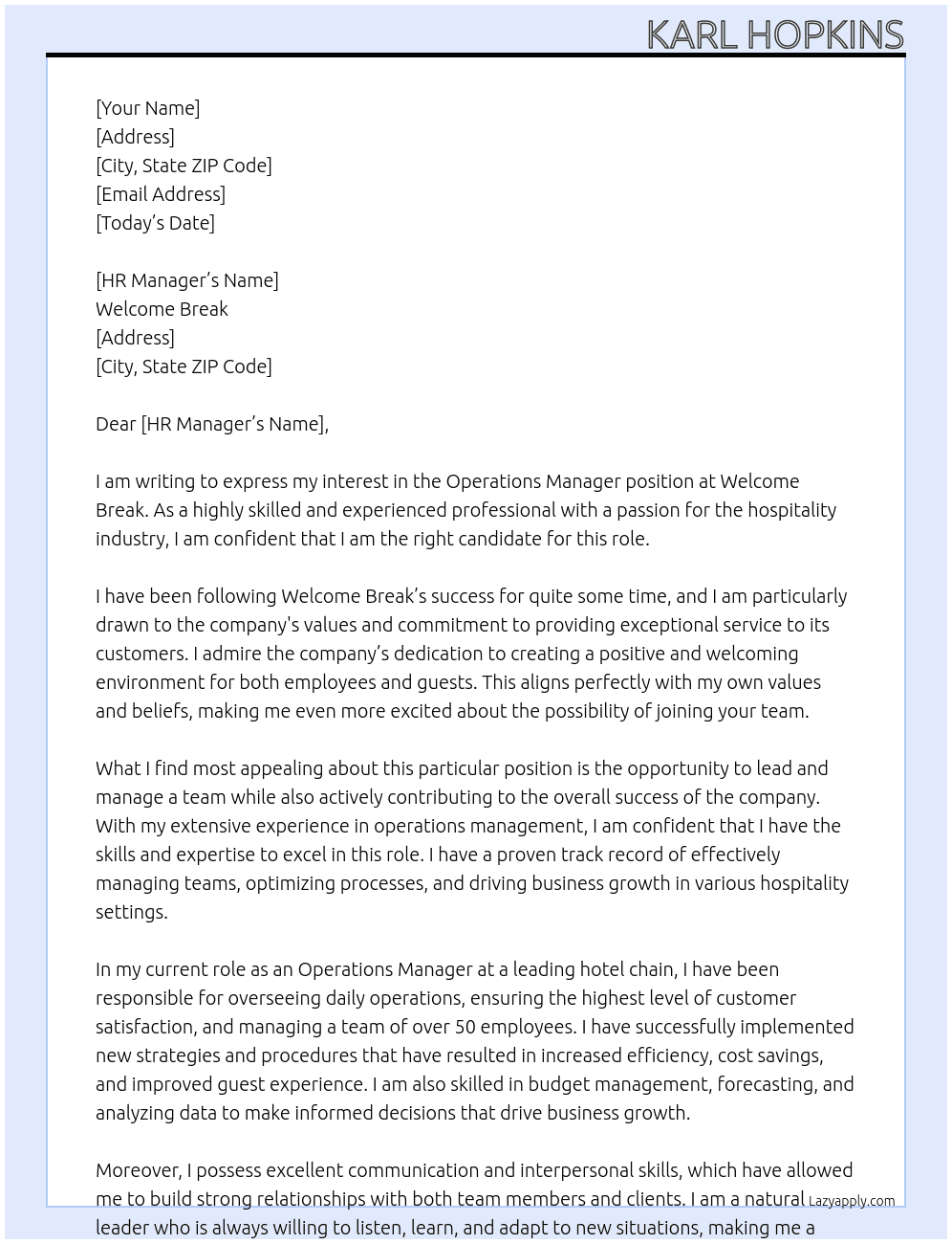 Operations Manager At Welcome Break Cover Letter