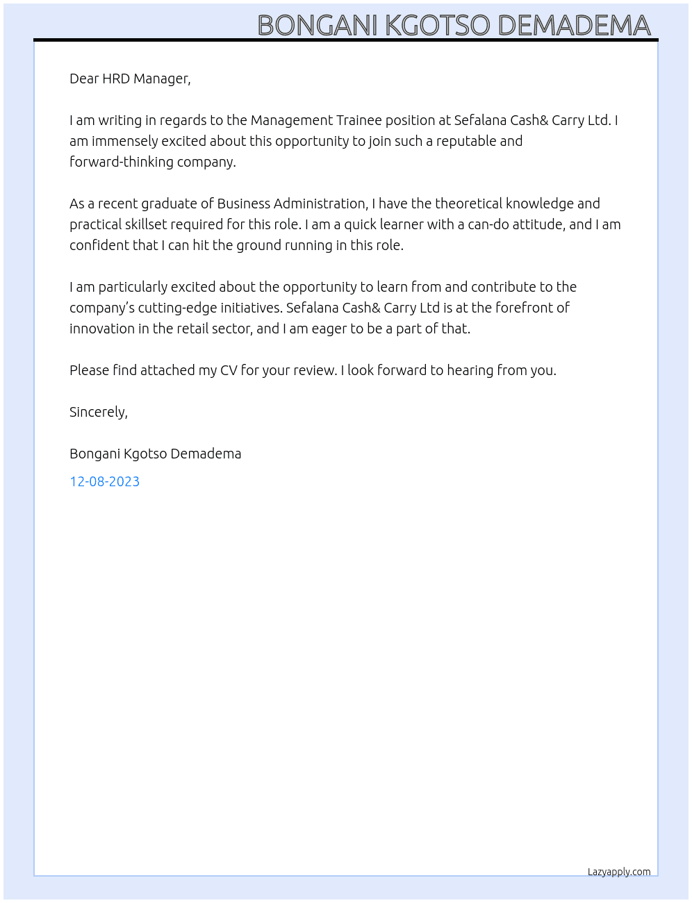 Management Trainee  At Sefalana Cash& carry ltd Cover Letter